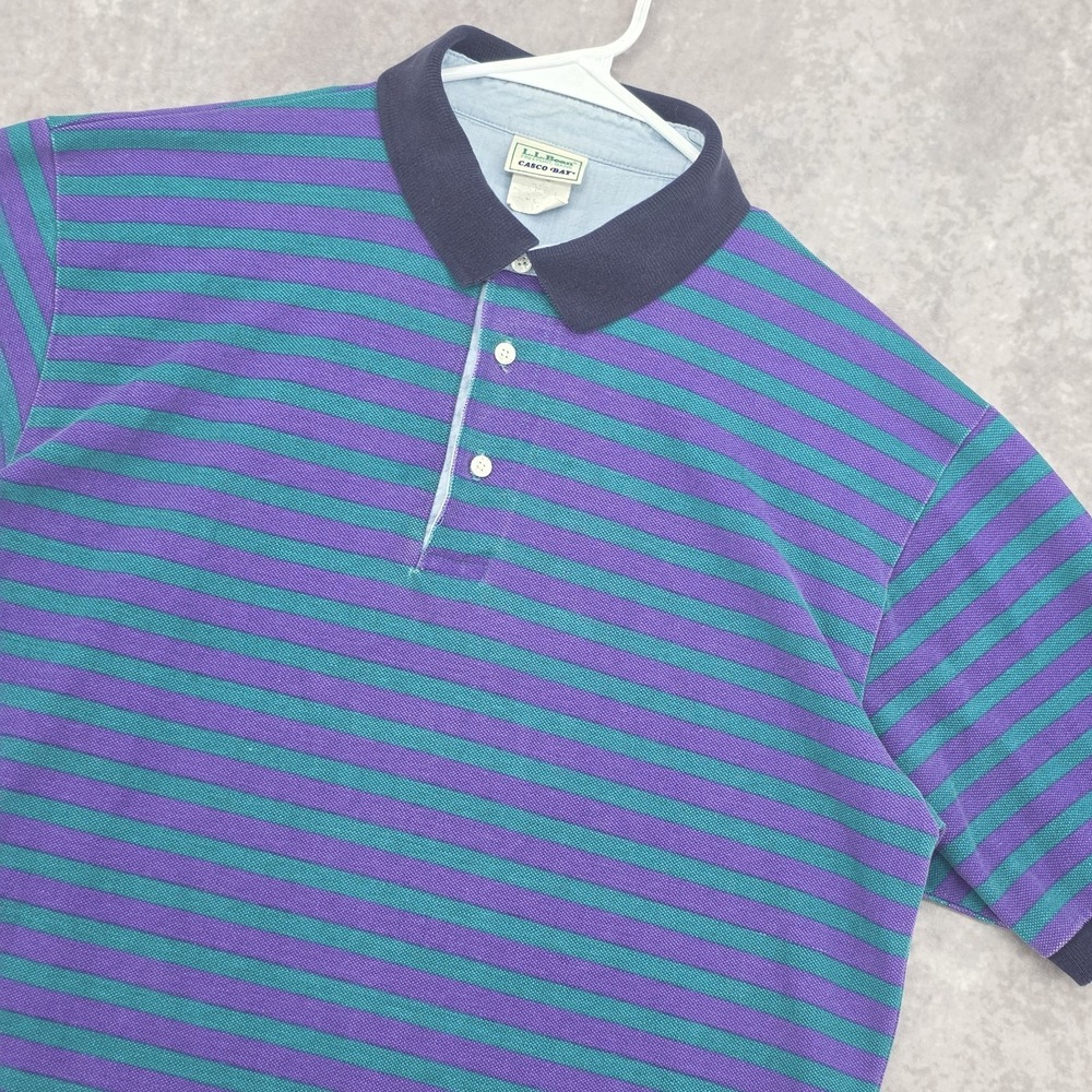 VTG 90s L.L. Bean Casco Bay Polo Shirt Mens L/XL Striped Purple Green Preppy